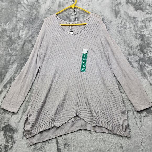 NEW Beatrix OST Sweater Womens XL Gray V-Neck Ribbed Pullover Asymmetric Tunic - Picture 1 of 13